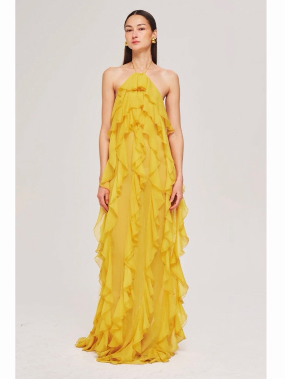 Ronny Kobo Collection Yellow Ruffle Halter Maxi Gown